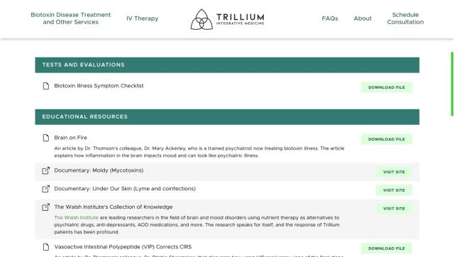 Trillium Integrative Medicine's Patient Resources Site Page