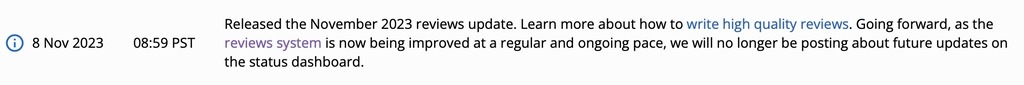 Google's release notes for the November Review Update