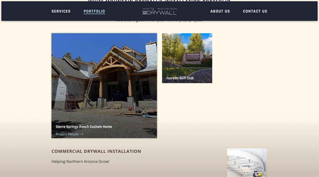 White Mountain Drywall's modern design continues onto the portfolio page. The minimal design lets their professional work do the talking. 