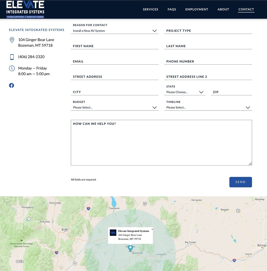 The contact page features an intuitive form and location map
