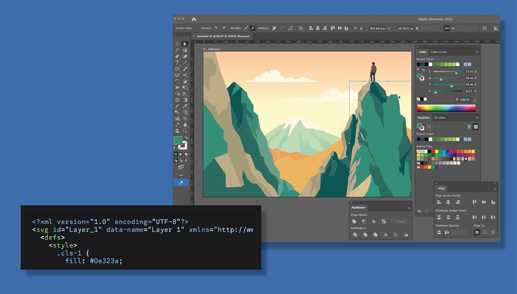 an SVG file being edited in both code and design software simultaneously.