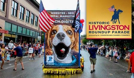 The Jtech float heads down 2nd Street, downtown Livingston MT.
