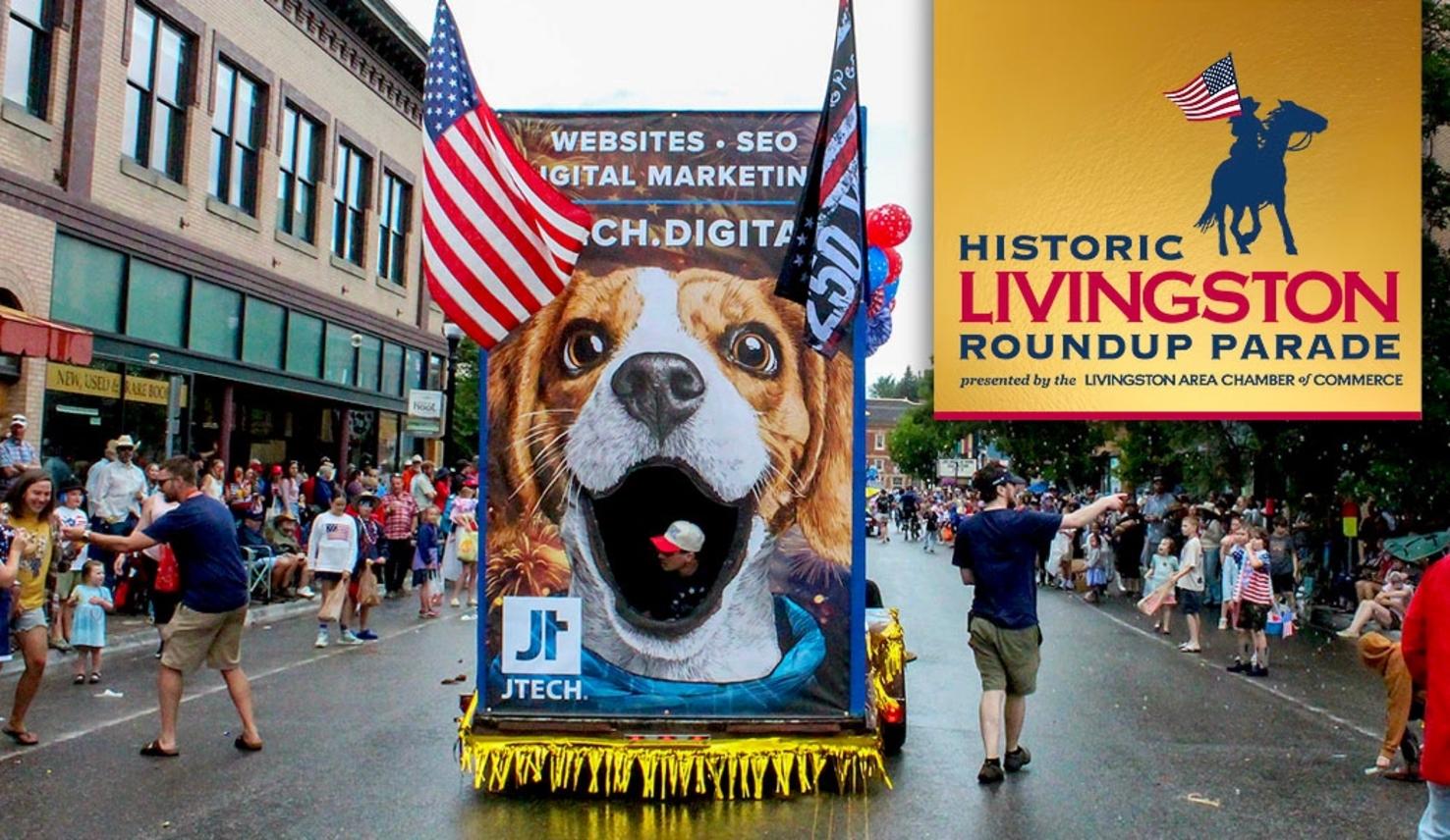 The Jtech float heads down 2nd Street, downtown Livingston MT.