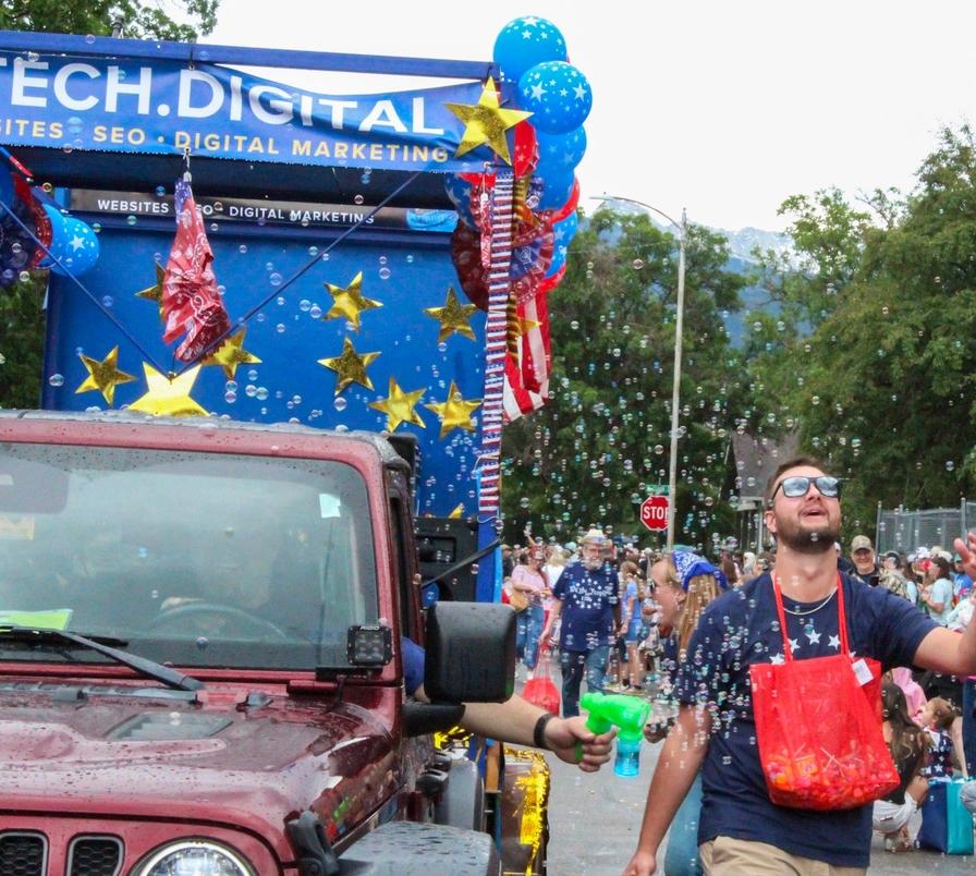 Wrapped in bubbles the JTech float heads down the streets of Livingston, MT.