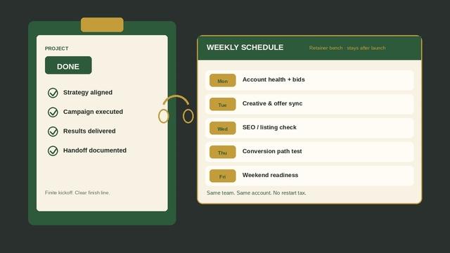 Still life of clipboard marked project done beside headset and weekly calendar for the team that stays