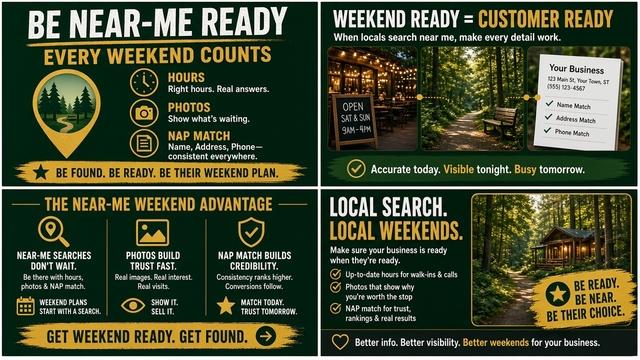 Bold infographic tiles for near-me weekend readiness covering hours photos contact details and a profile post