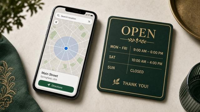 Photo still life of a generic maps phone screen beside an open-closed hours chalkboard
