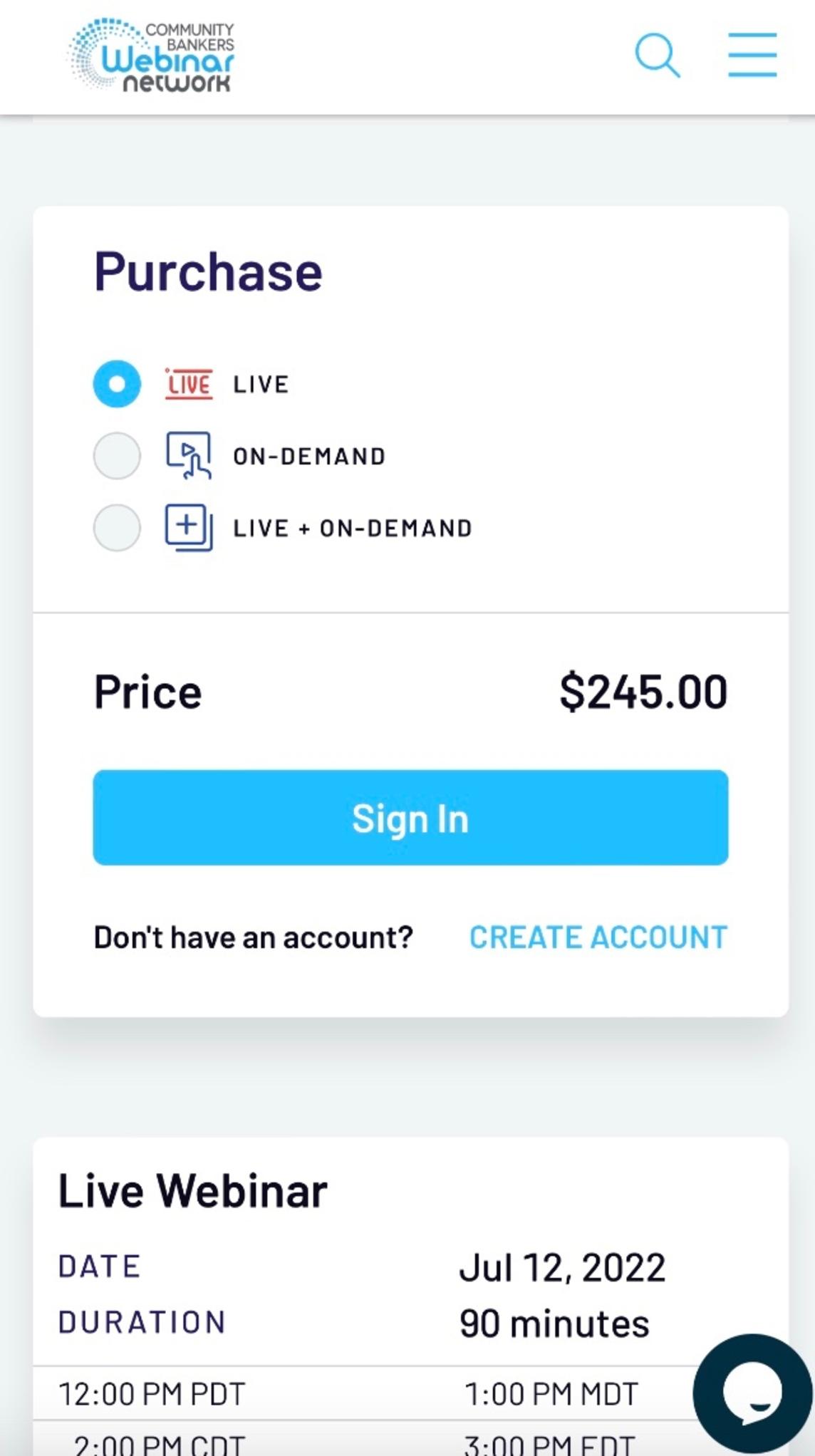 Webinar checkout view